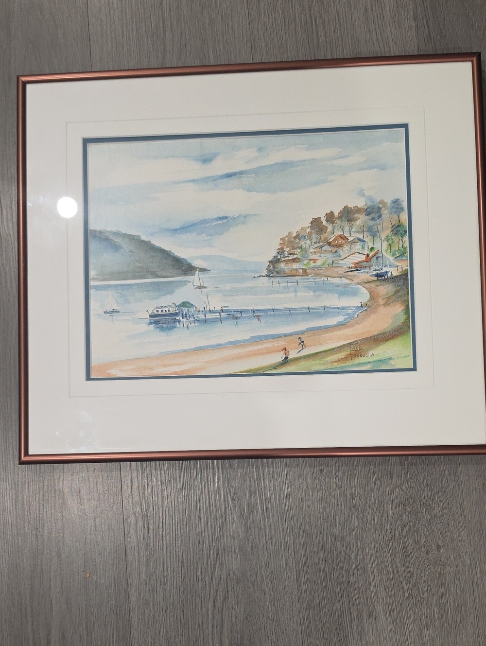 Coastal Waterscape Watercolor Print in Blue and Tan